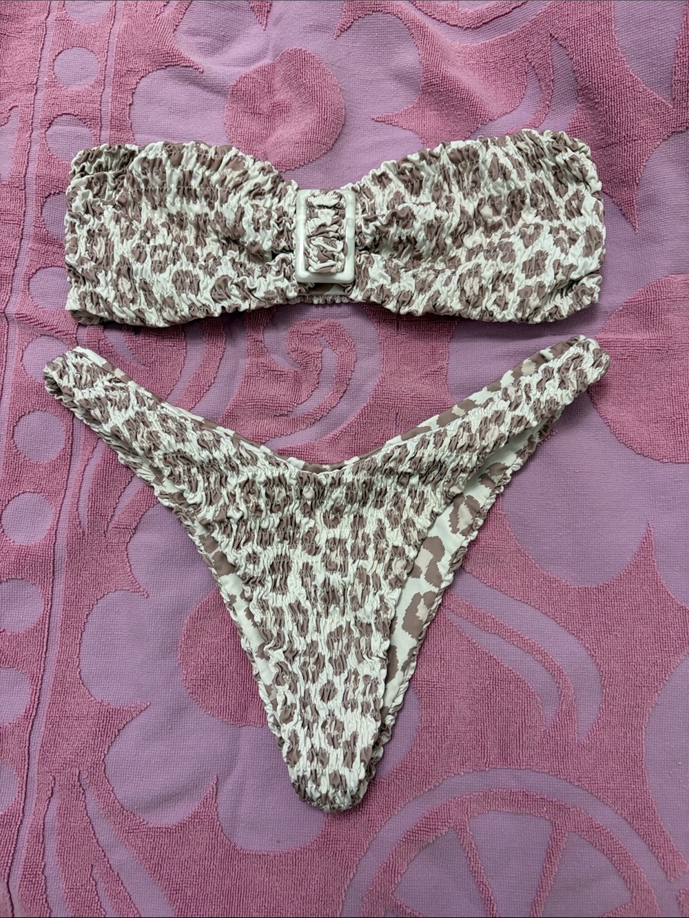 Smocked Bandeau Bikini Set in Beige Leopard Print
